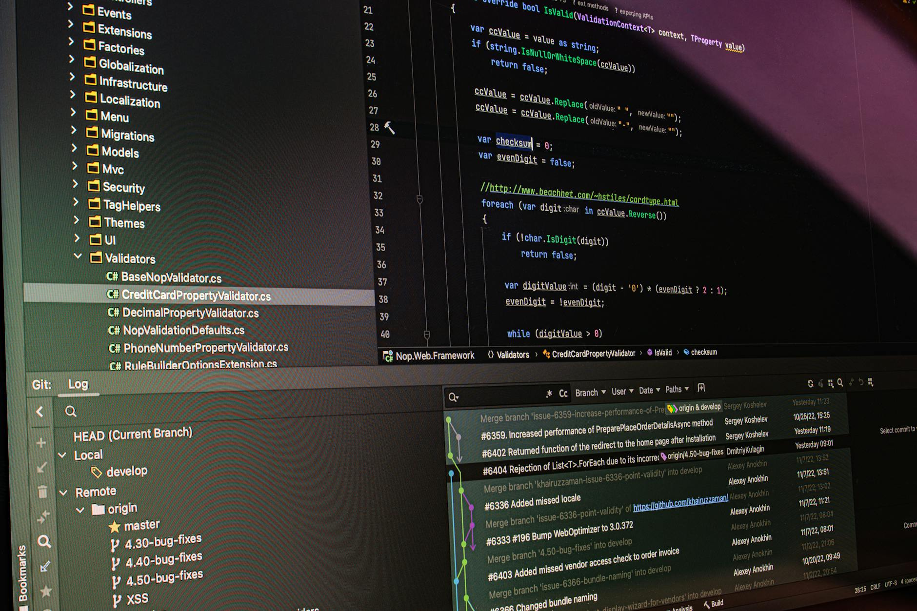 Yazilim gelistirme ekraninda kod ve versiyon kontrol sistemi gorunumu