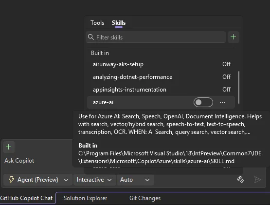 Visual Studio'da Yerleşik Agent Skills: .NET ve Azure