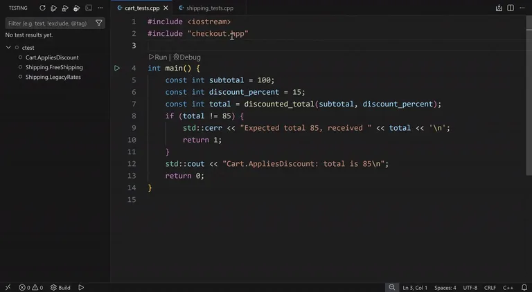 CMake Tools 1.24: CTest Testlerini Editörden Çalıştırın